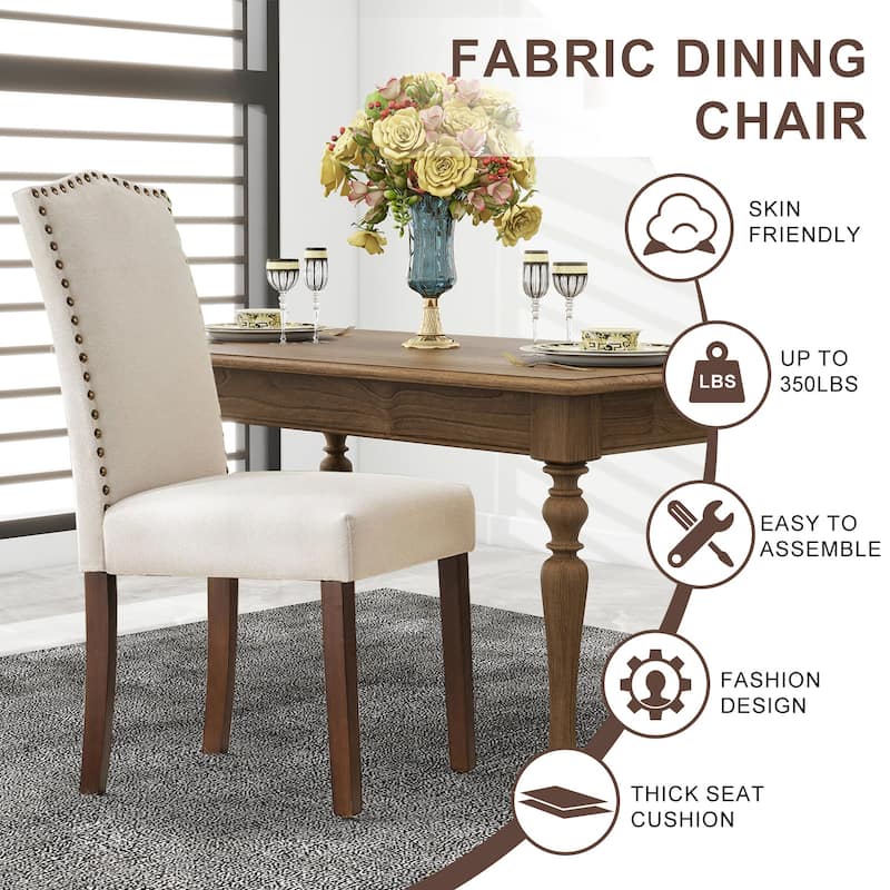 Dining Chairs Set of 2, Modern Upholstered High-end Dining Room Chair with Nailhead Back and Solid Wood Legs, Fabric Side Chairs