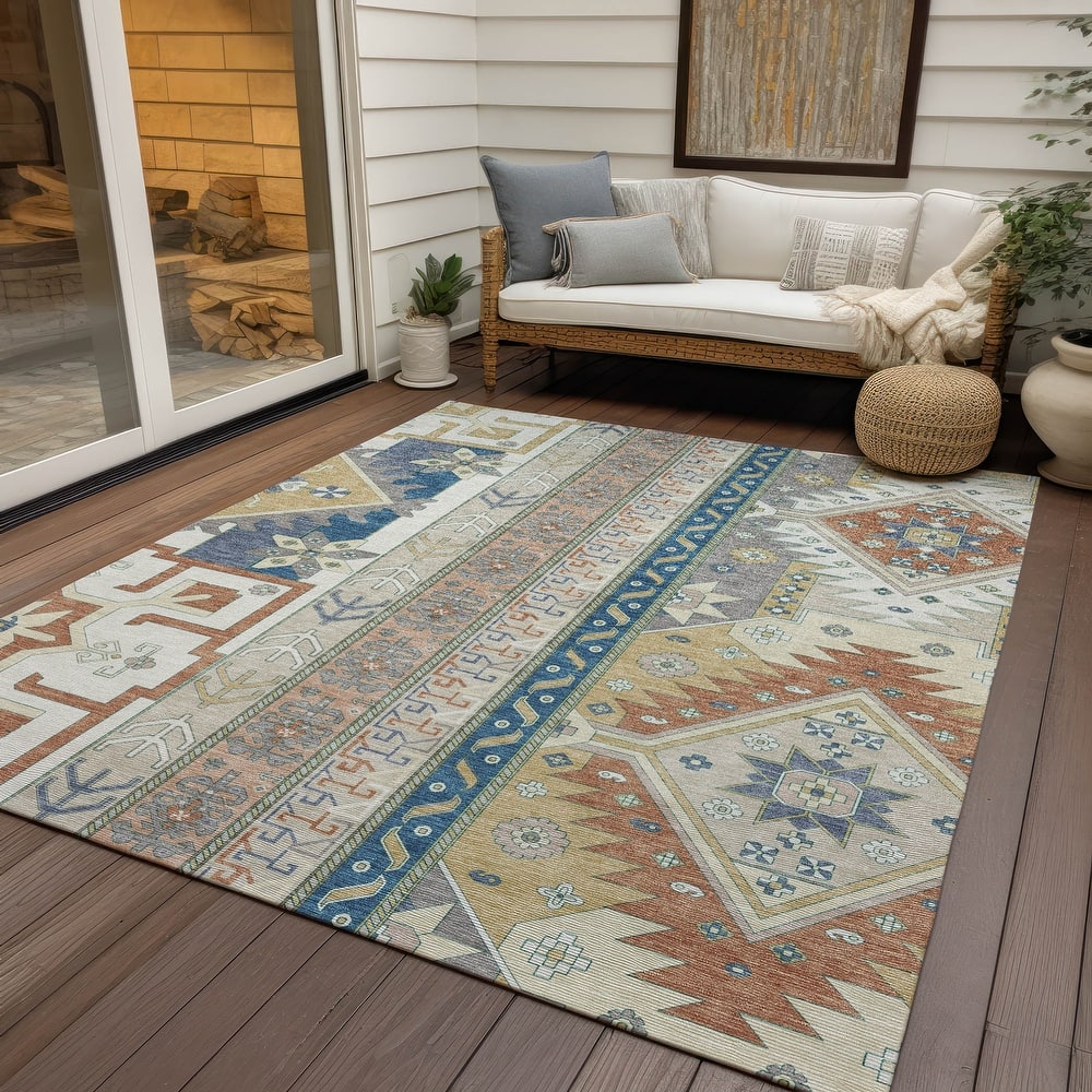 Machine Washable Indoor/ Outdoor Boho Tribal Chantille Rug