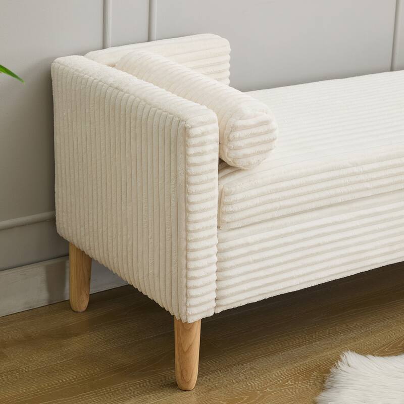 65.35" Wide Corduroy Storage Soft Bench with Armrests, Backrest and Two bolster Pillows for Living Room