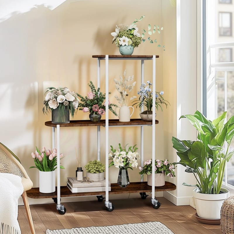 Corner Plant Stand Indoor 3 Tiered Plant Shelf Flower Stand with Wheels for Living Room Patio Balcony Garden - White and Walnut Wood