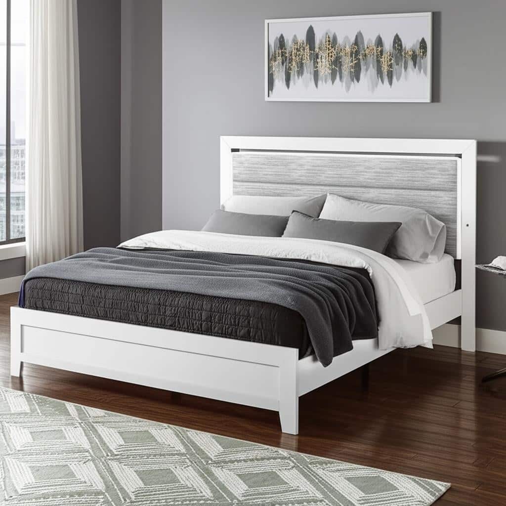 HomeRoots White And Gray Wood And Upholstery Lighted Twin Bed Frame
