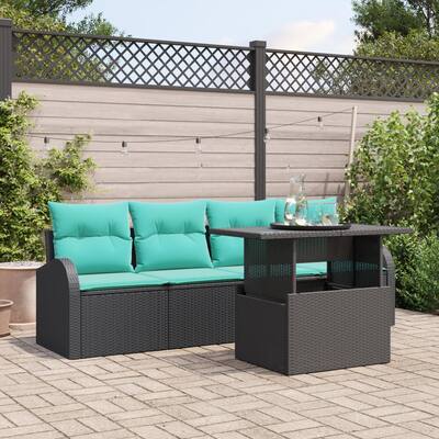 vidaXL 5 Piece Garden Sofa Set with Cushions Black Poly Rattan - 92.1×24.4×27.2