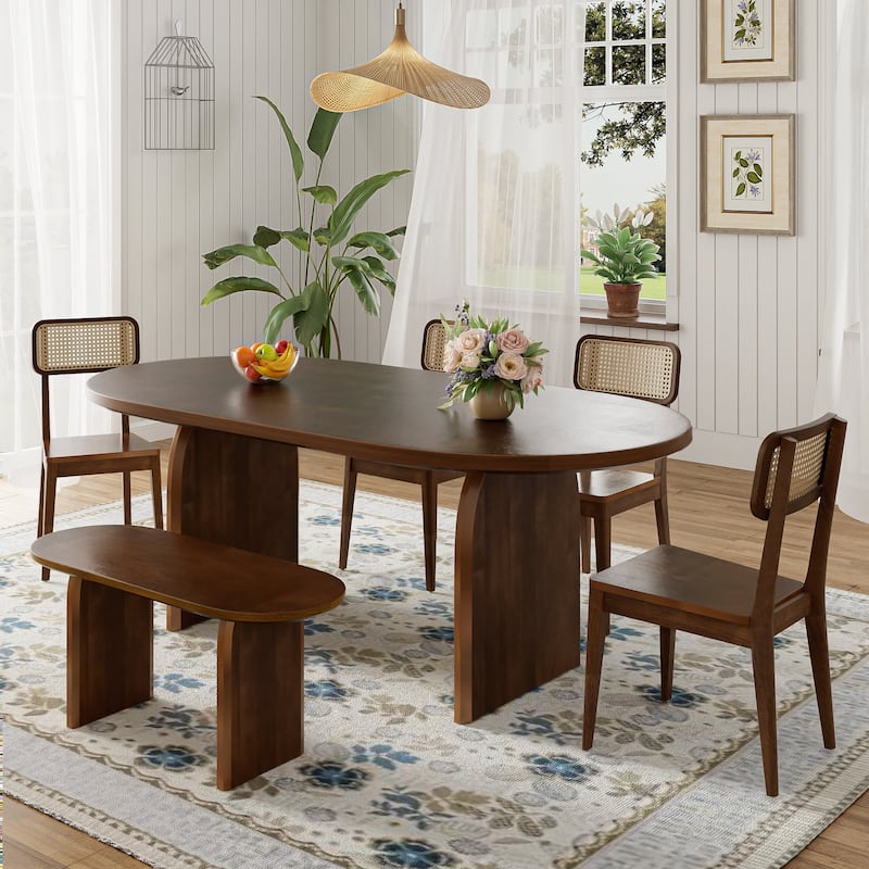 6 Piece Dining Table Set with Rattan Chairs and Bench for Family Gatherings and Stylish Meals