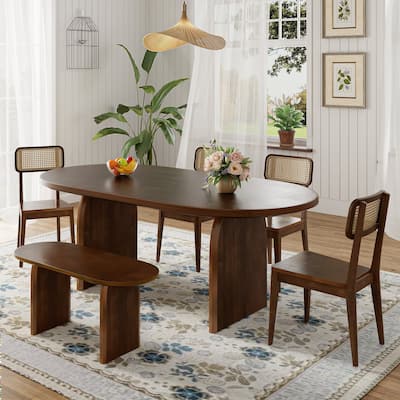 6 Piece Dining Table Set with Rattan Chairs and Bench for Family Gatherings and Stylish Meals