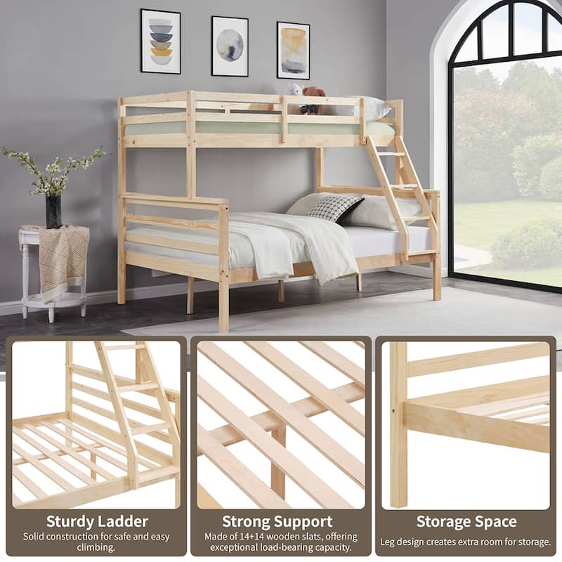 Twin Over Full Bunk Bed,Solid Wood Frame,High Guardrail,Safe for Kids