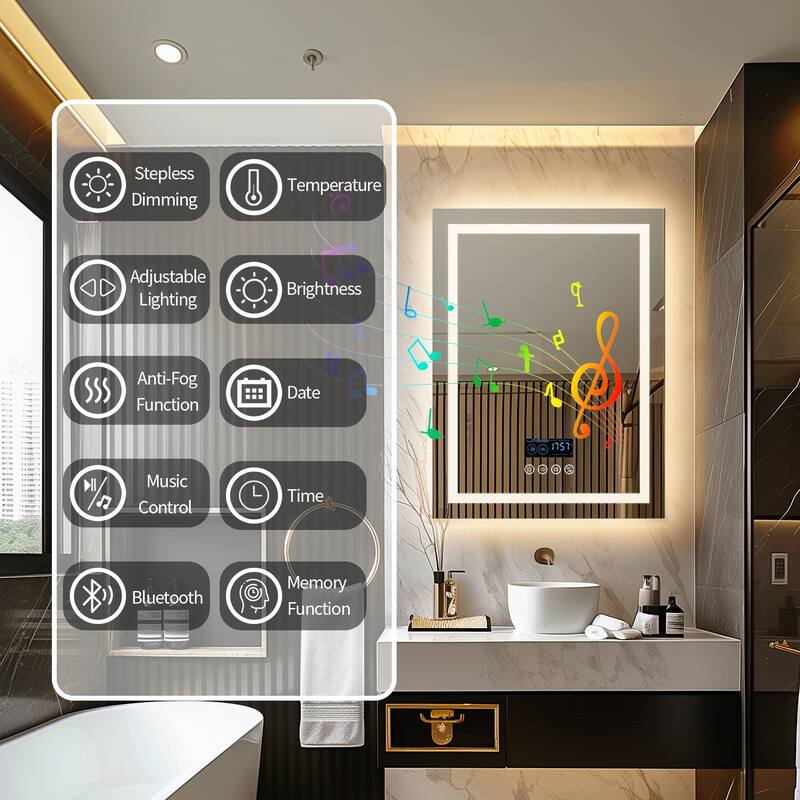 Smart LED Illuminated Fog-free Large Bathroom Mirror with Bluetooth Speakers, Digital Display