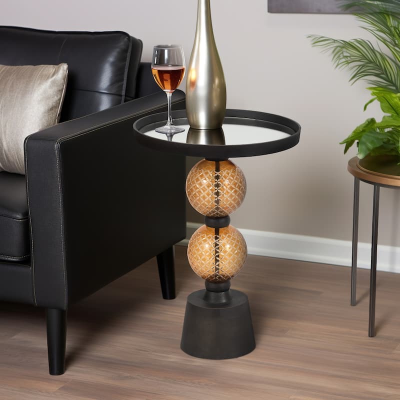 Sagebrook Home Modern Mirrored Top Side Table with Metal Base Contemporary Black and Gold Orb Accent Table - 16" x 16" x 22"
