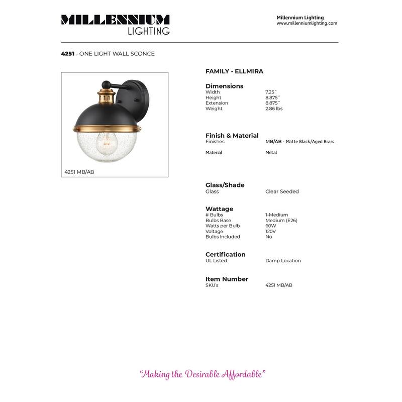 Millennium Lighting Ellmira 1 Light Wall Sconce in Matte Black/ Aged Brass - 26