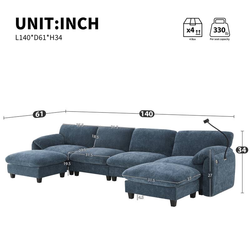 140-Inch Chenille Sectional Sofa with USB and Type-C Charging Ports, Phone Holders, Side Storage Pockets, Movement Ottomans