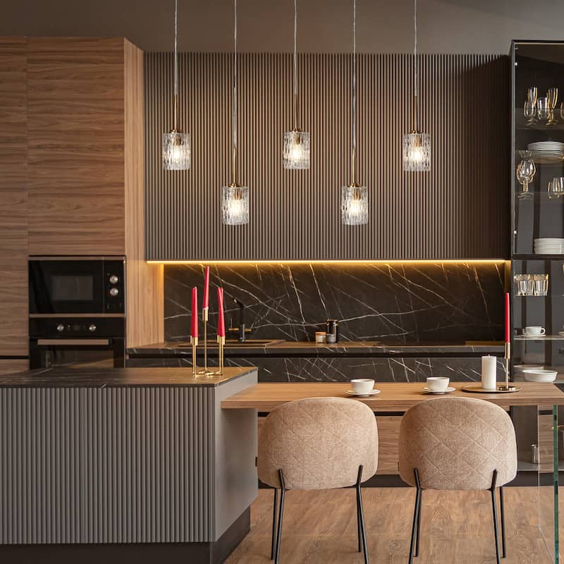 Laxow Modern 5-Light Gold Linear Chandelier Textured Glass Kitchen Island Lights - W 42.5" x H 12.2"