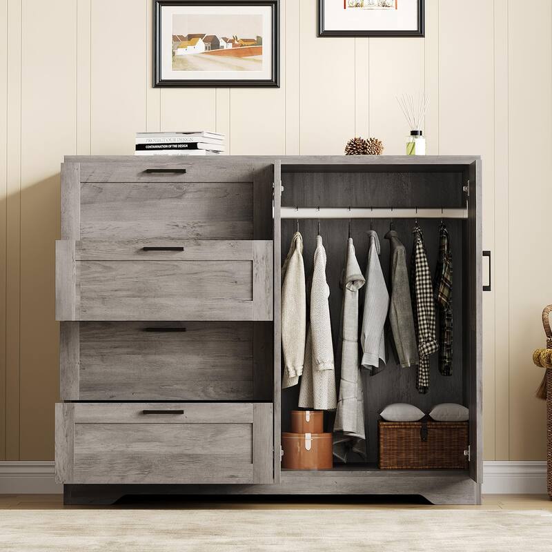 43.3" Armoire Wardrobe Closet with 4 Drawers & 2 Doors, Hanging Rod, Compact Wooden Storage Cabinet for Bedroom