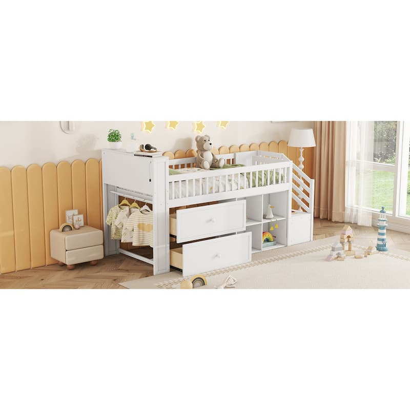 Roomfitters Twin Low Loft Platform Bed, LED Bookshelf and Storage Drawers with Wooden Frame for Bedroom or Guest Room, White