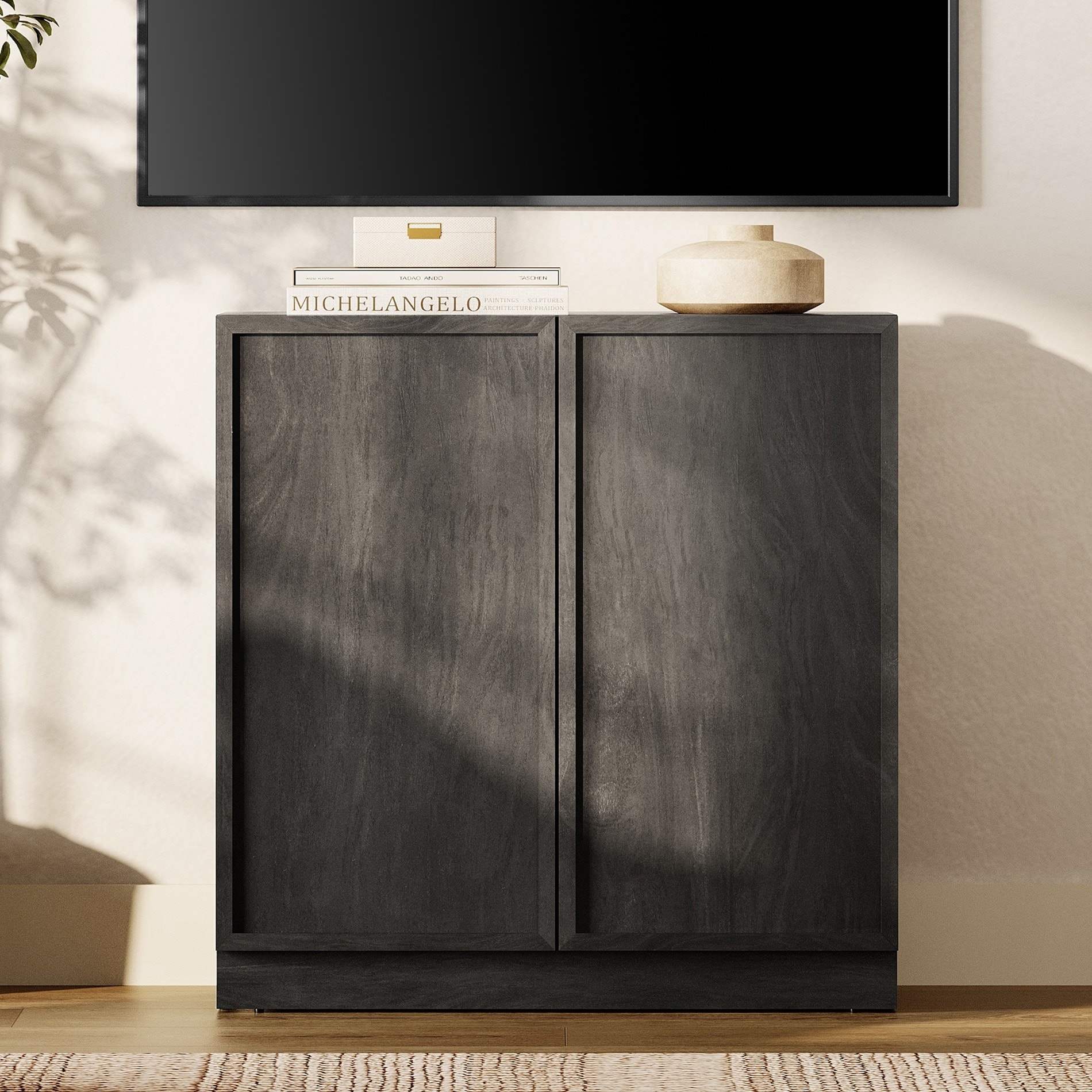 WAMPAT Modern TV Stand, Wooden Entertainment Center TV Console with 2 Doors and Adjustable Shelf for Living Room, Bedroom