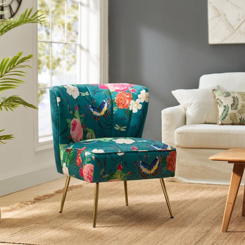 Amata Bold Patterned Tufted Side Chair with Goldtone Legs - Blue