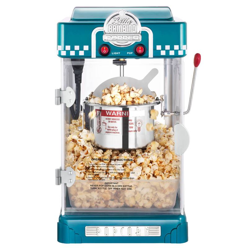 Little Bambino Countertop Popcorn Machine – 2.5oz Kettle with Measuring Spoon, Scoop, and 25 Serving Bags (Blue)