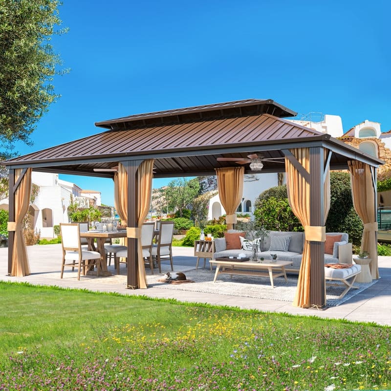 Outdoor Hardtop Gazebo with Galvanized Steel Double Roof & Aluminum Frame, Outdoor pergola with Premium Curtains and Nettings - 12'x20' - Aluminum Frame