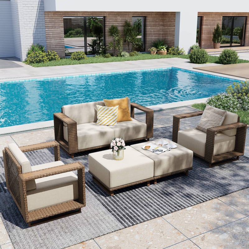 MAISON ARTS Modular Rattan Patio Sofa Set, All-Weather PE Wicker 4/6/8-Seat Outdoor Sectional with Thick Cushions - F.