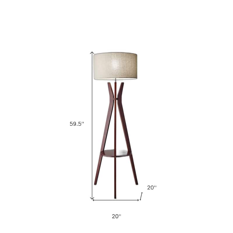 Brown Solid Wood Tripod Floor Lamp with White Fabric Drum Shade Rotary Switch - 20” x 20” x 59.5” (D x W x H)