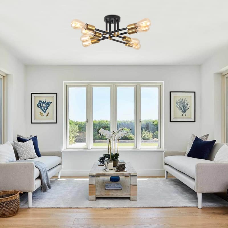 8-Light Industrial Semi Flush Mount Ceiling Light for Kitchen Dining Room Living Room - Black+Gold - N/A
