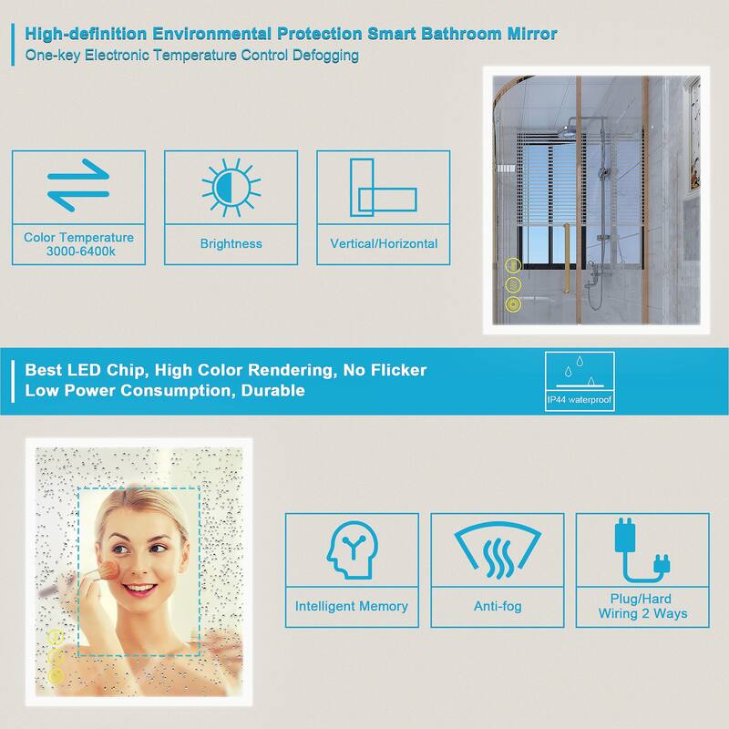 SmartGlow 30x36" Rectangular Dimmable LED Frameless Anti-Fog Bathroom Vanity Mirror - Clear