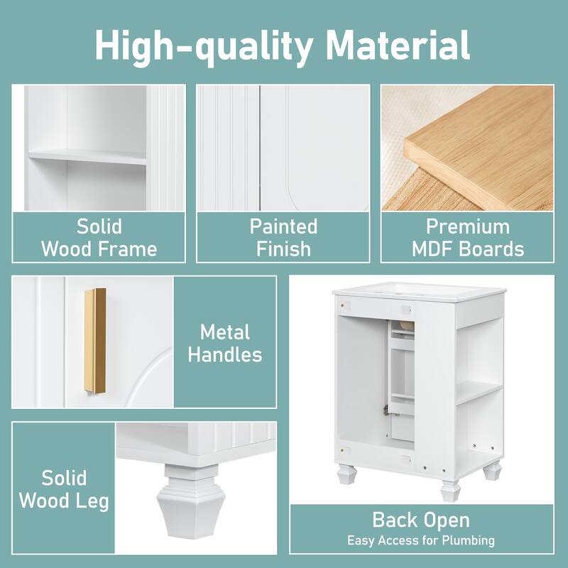 24" Bathroom Vanity with Ceramic Sink, Pine Wood Frame, Soft-Close Door & Side Open Storage