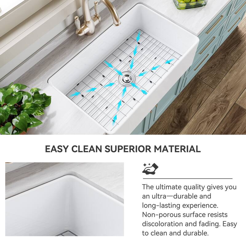 HOROW White Fireclay 33 in. Single Bowl Kitchen Sink Farmhouse Apron Front with Bottom Grid and Strainer - 33x20 Inch