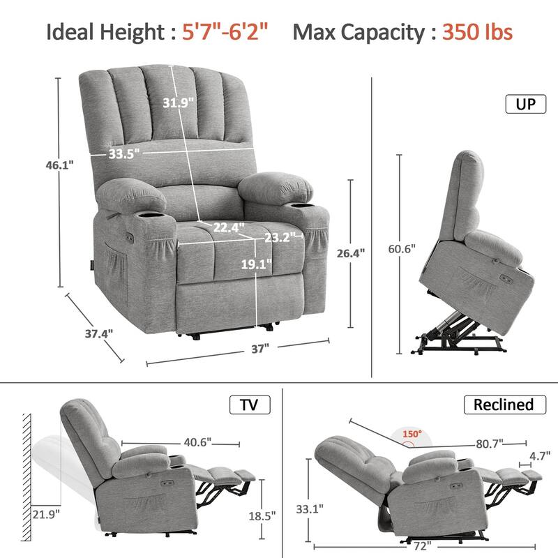 Power Lift Recliner Chair for Elderly, Massage and Heat, Faux Leather & Fabric
