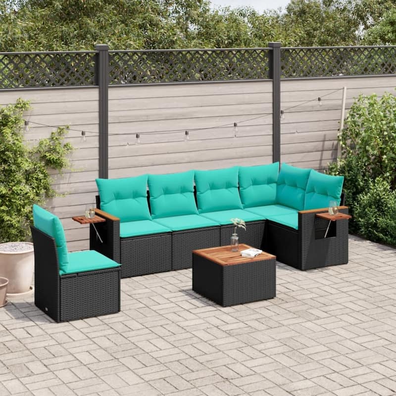 vidaXL 6 Piece Patio Sofa Set with Cushions Black Poly Rattan - 21.7x27.2x24.4-With table