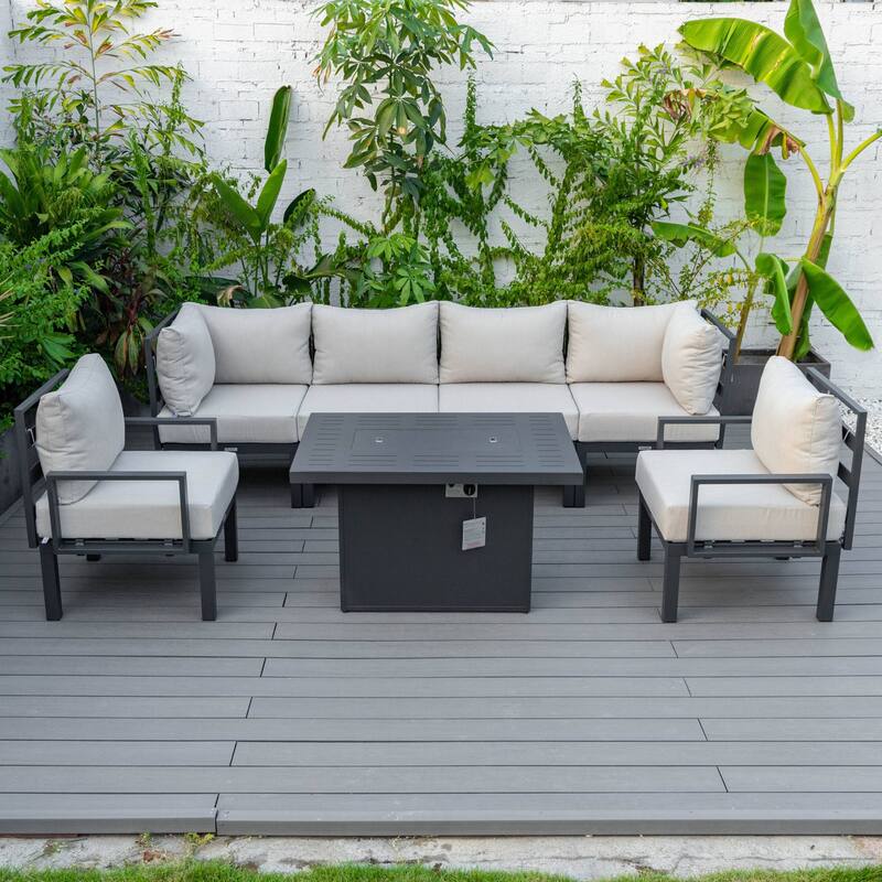 Outdoor 7-Piece Patio Sectional Set Aluminum Frame W/ Fire Pit Table