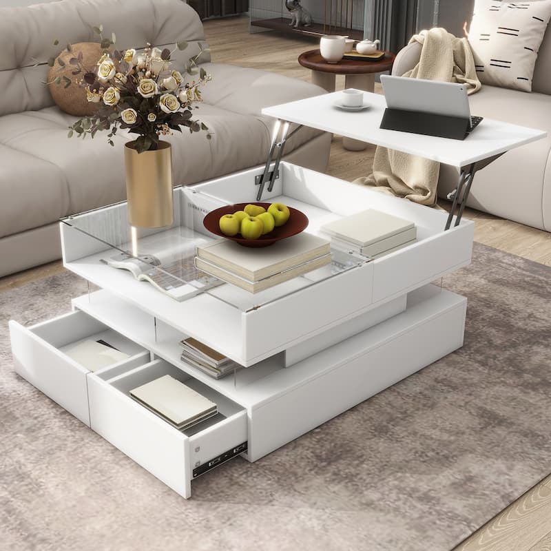 Modern Square Lift-Top Coffee Table with 2 Drawers