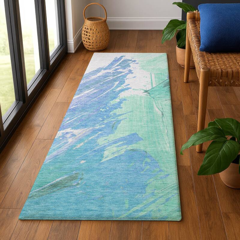 Premium Washable Super Soft Modern Brushstrokes Mayfield Rug - 2'3" x 7'6" - Seafoam