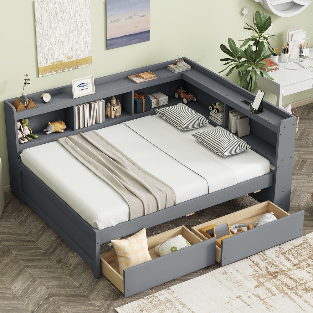 Corner Daybed Bookcases Bed with Power Outlets and Charging Ports, L-Shaped Storage Bed Frame Captains Bed with 2 Drawers