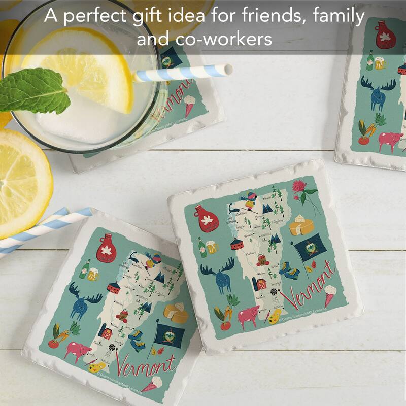 Vermont Home 4-Pack Absorbent Stone Coasters with Protective Cork Backing 4" Square Made in The USA Artistic Easily Wipes Clean