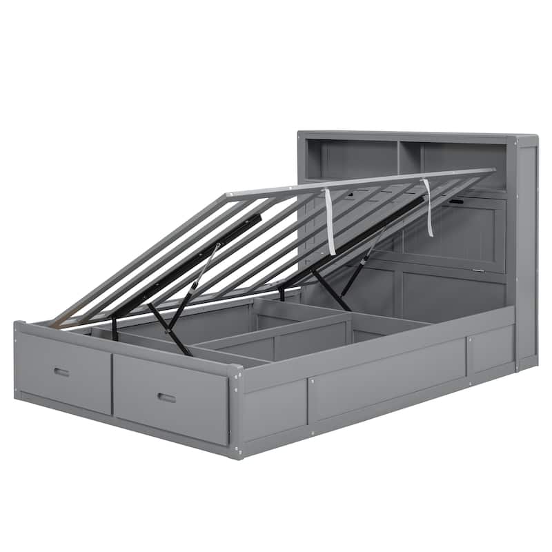 Gray Full Size Wooden Bed with LED Storage Headboard, Charging Station, and 2 Drawers