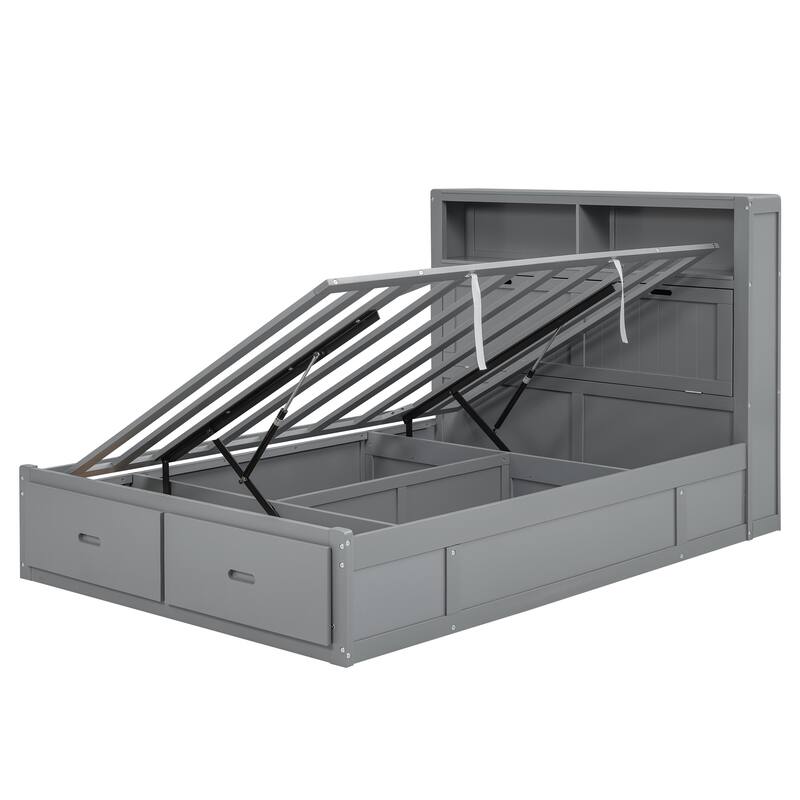 Wooden Platform Bed with Storage LED Headboard, Charging Station and 2 Drawers