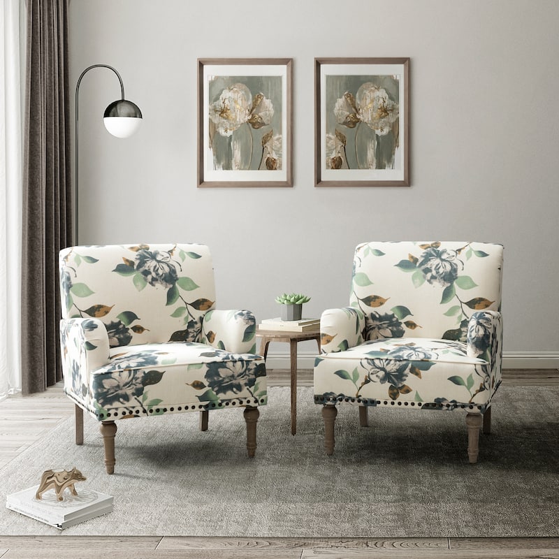 Pavia Traditional Floral Fabric Design Upholstered Accent Armchair with Nailhead Trim Set of 2 by HULALA HOME