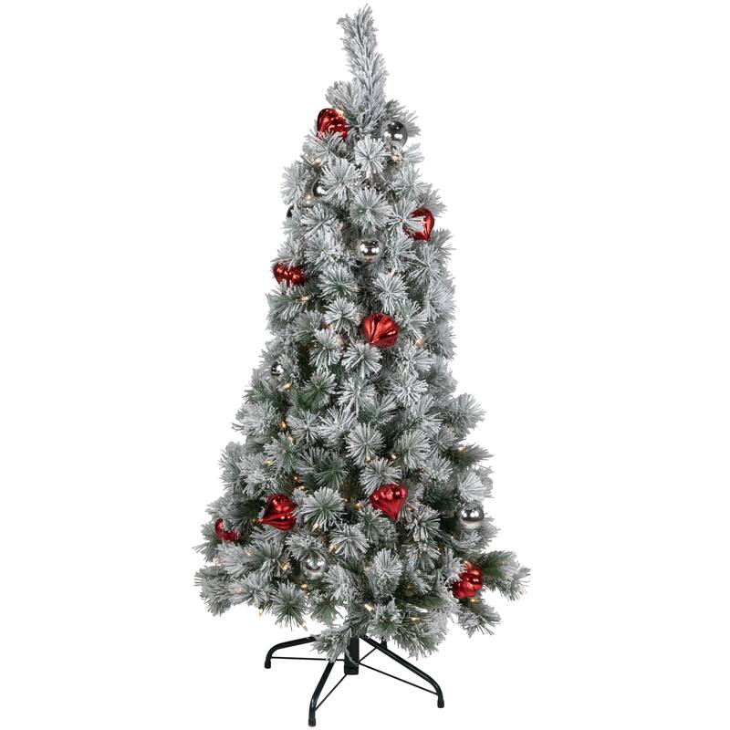 Pre-Lit Snowy Bristle Pine with Ornaments Artificial Christmas Tree - 6' - Clear Lights