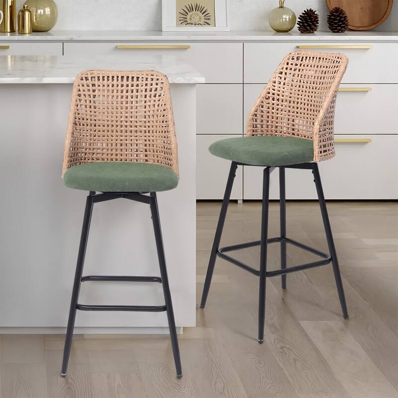 Chenille Counter Height Swivel Bar Stools Rattan Back with Metal Legs