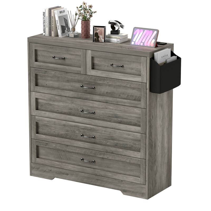 Vintage Double Dresser Chest of Drawers with Charging Station and Side Organizer Bag - Grey - 6-drawer