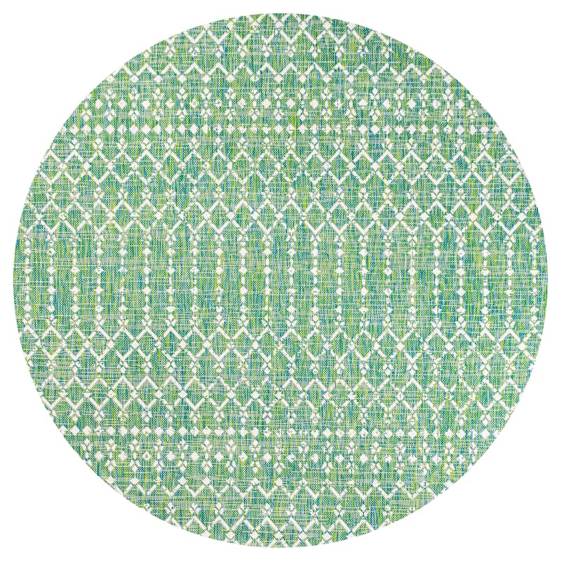 JONATHAN Y Trebol Moroccan Geometric Textured Weave Indoor/Outdoor Area Rug - 5' Round - Ivory/Green