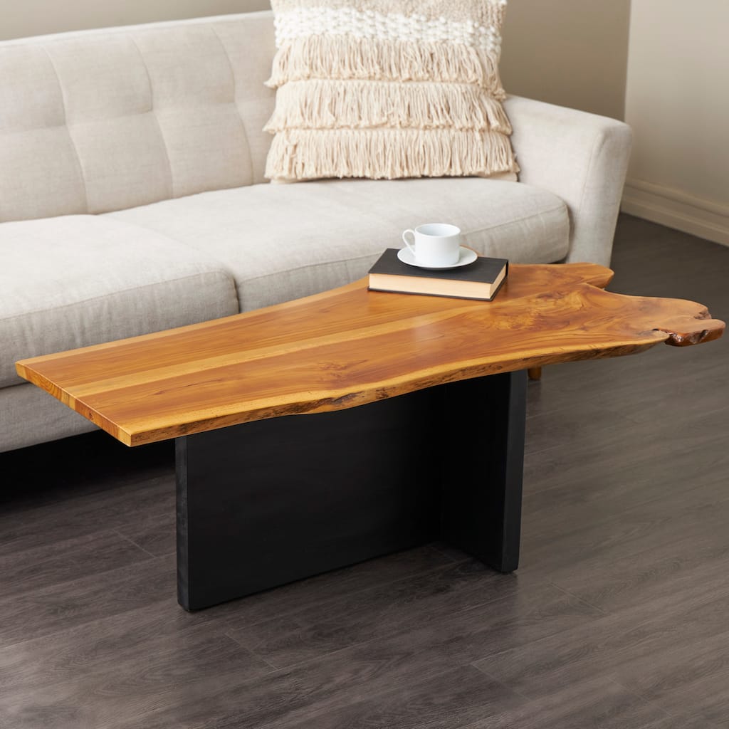 Brown Teak Wood Handmade Living Room Coffee Table with Brown Live Edge Tabletop