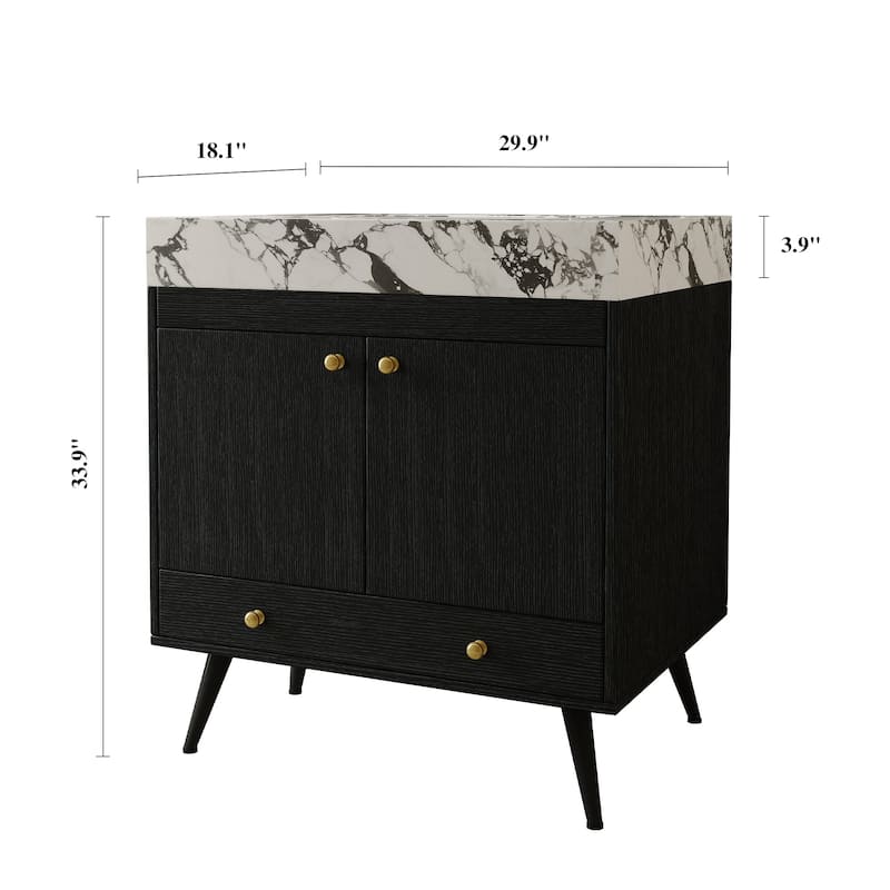 Mid-Century 30" Freestanding Bathroom Vanity with Faux Marble Top, Ceramic Sink & Gold Legs Cabinet