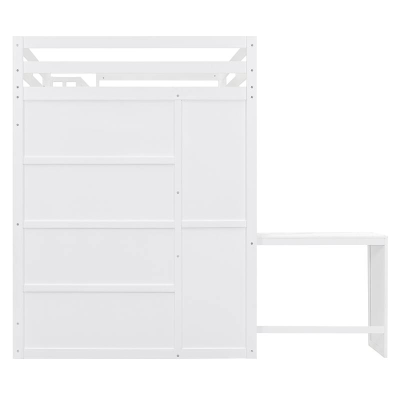 Full Size Loft Bed with Wardrobe,Desk and Shelves,White