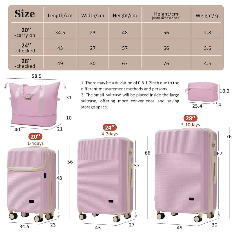 Luggage Sets 5 Piece with Half-opening, Hardside Carry On Suitcase Set with Double Spinner Wheel, with USB Port,TSA Locks