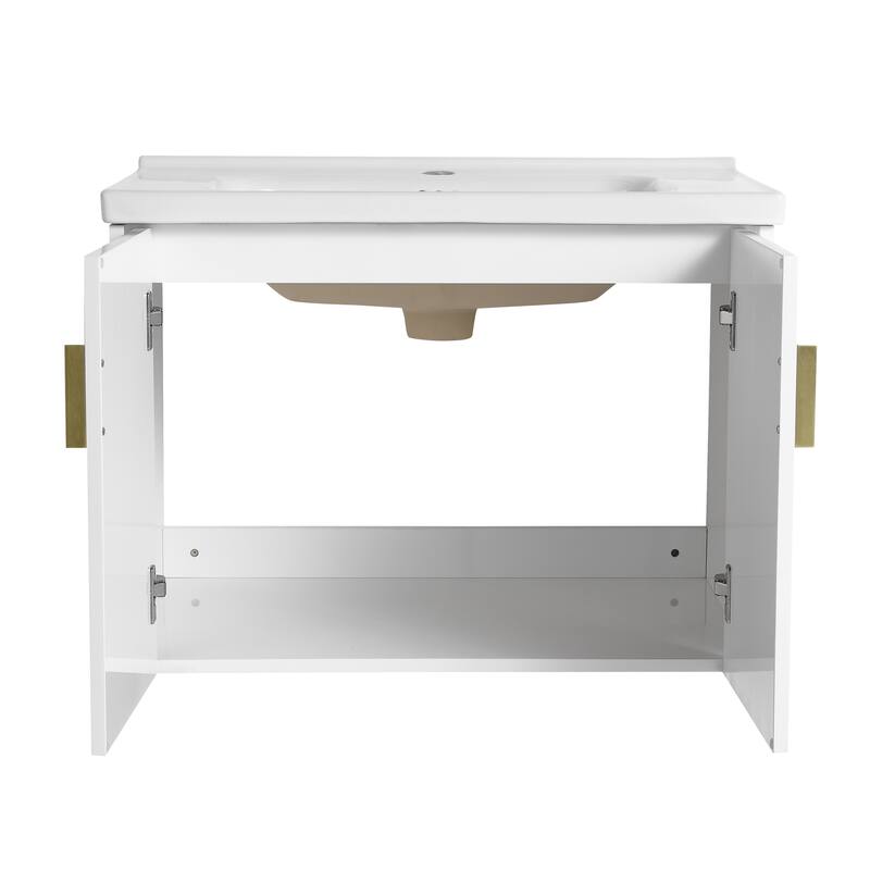 Wall-Mounted Bathroom Vanity with Ceramic Basin, Soft-Close Doors, and Customizable Metal Handles