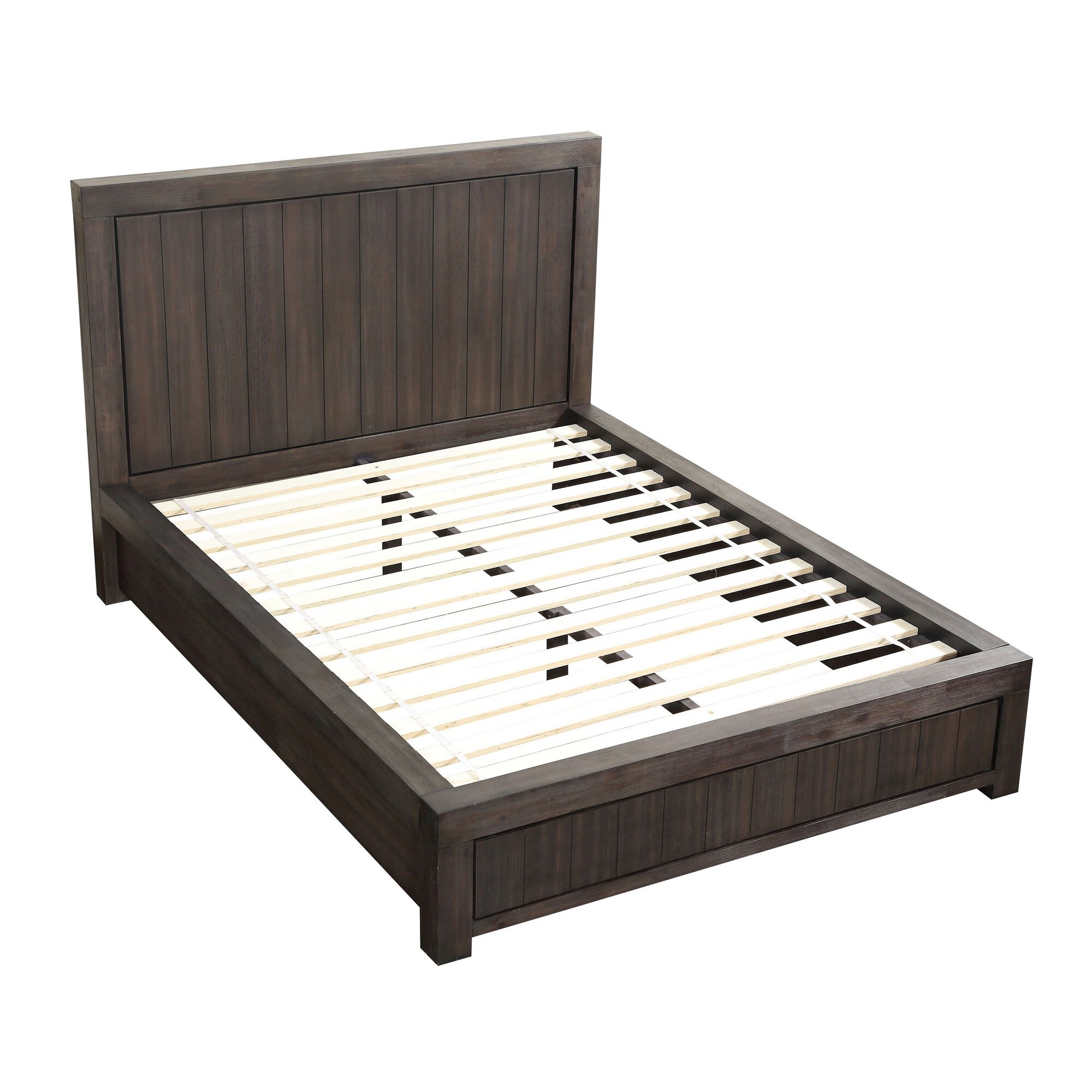 Adan Full Size Panel Bed, Tall Plank Headboard, Basalt Gray Acacia Wood