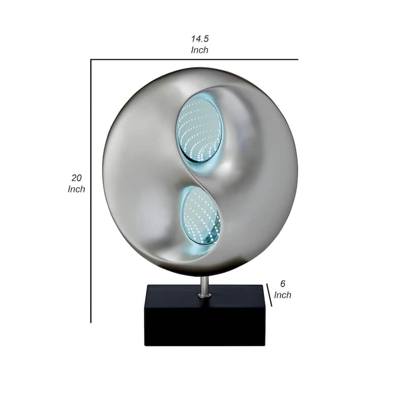Nila 20 Inch LED Table Lamp, Black Silver Polyresin Orb Sphere, Block Base