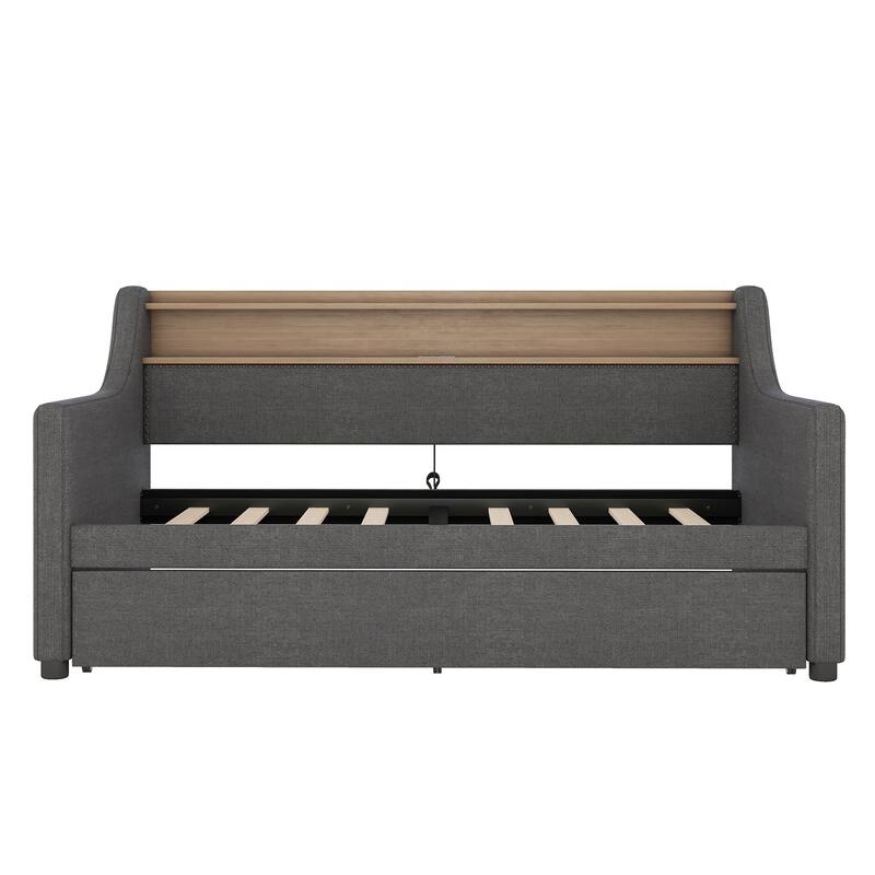 Twin Size Daybed with Trundle, Nailhead Trim, Built-In USB Charging Ports, LED Lighting & Storage Headboard