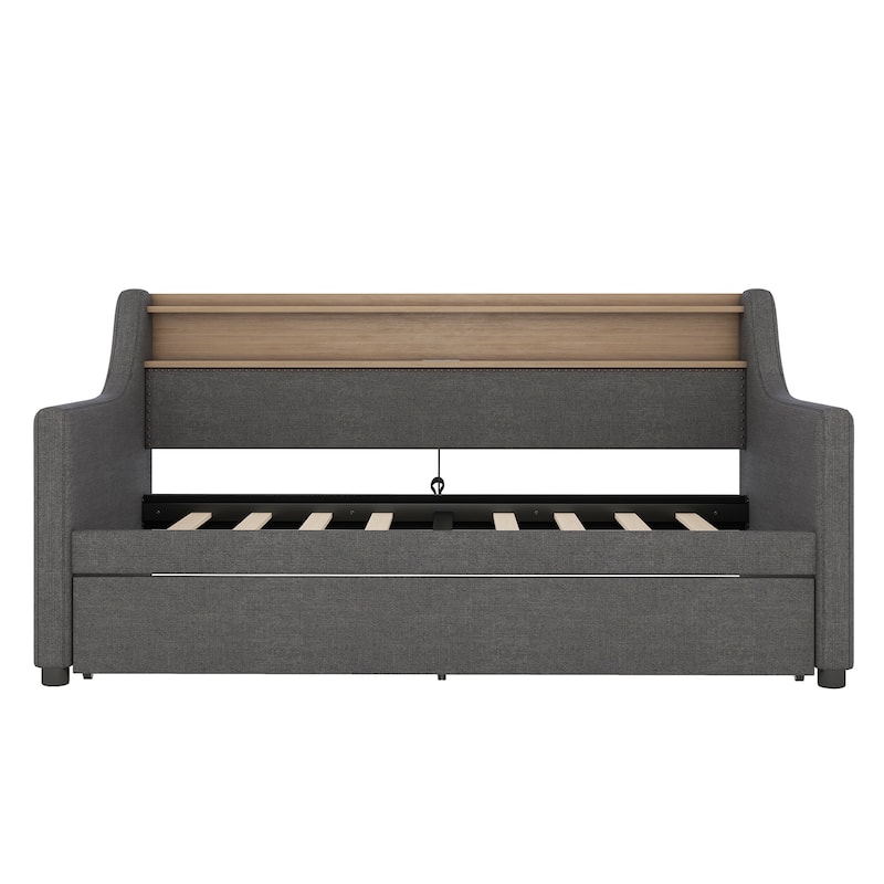 Twin Size Daybed with Trundle, Upholstered Daybed with Charging Station and LED Lights