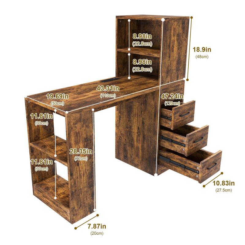 Roomfitters Computer Desk with Charging Station, 3 Drawers and 4 Tier Storage Shelves, Carbonized Wood Home Office Table, Brown